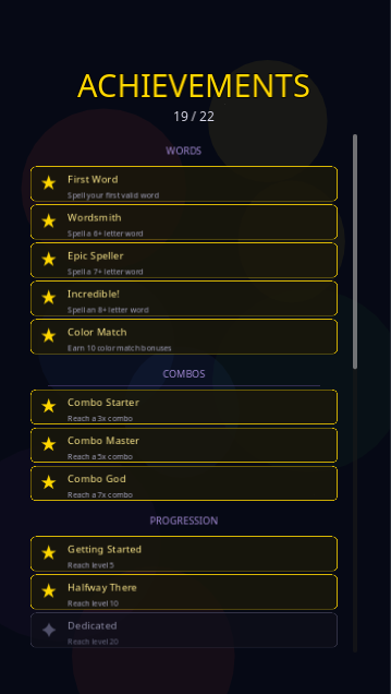 Achievements menu with category-grouped unlocks
