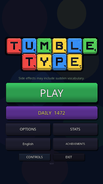 Tumble Type main menu with animated blob background